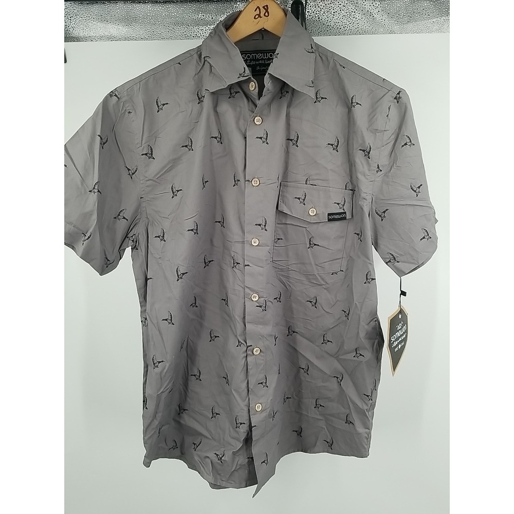 Somewon Mens Large Short Sleeve Button Up Shirt Gray Goose Duck Bird Print NWT